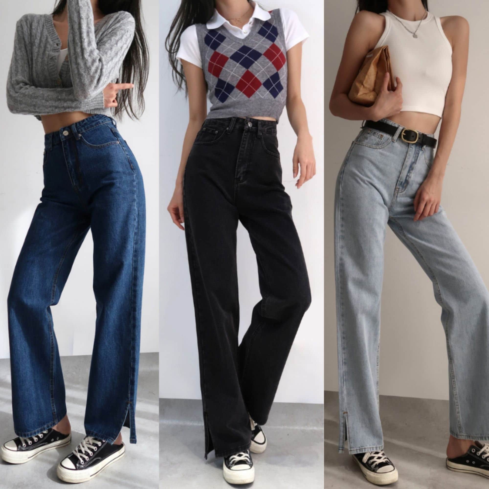 High Waist Wide Leg Straight Jeans with Spilt Hem in Blue, Light Blue, Dark  Grey | Korean Fashion Denim 90s Y2k