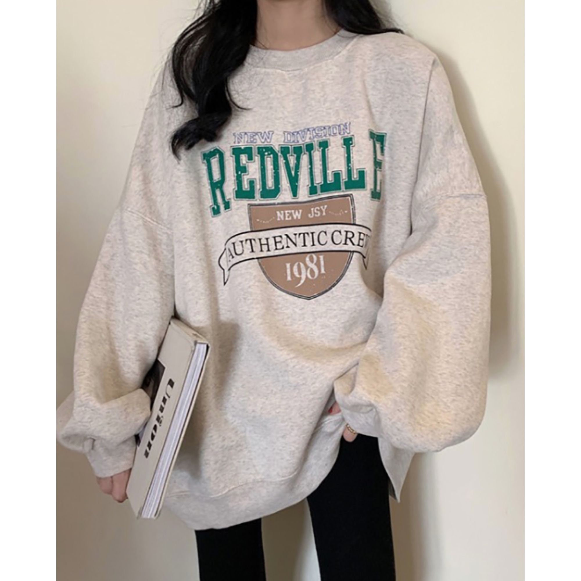 MEMIMART Redville Authentic Crew Oversized Sweatshirt Fleece Lined | Korean Fashion Retro 90s Streetwear Winter Pullover