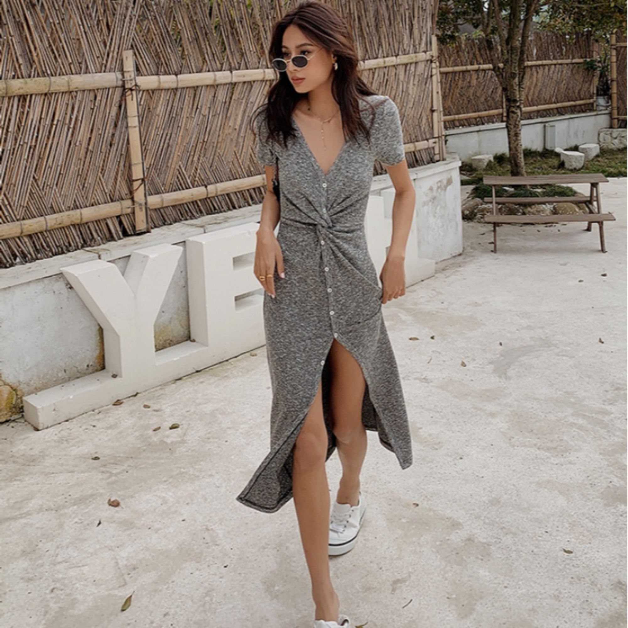 Button Detail Slit Knit Midi Dress ...