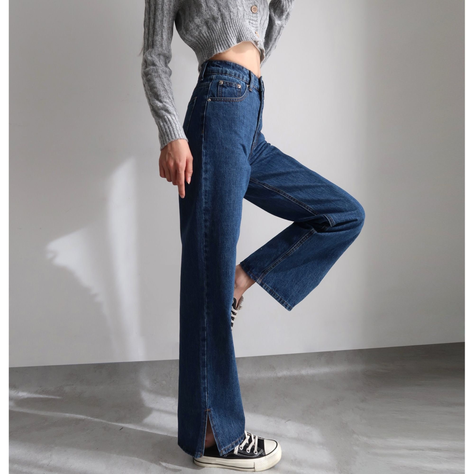 High Waist Wide Leg Straight Jeans With Spilt Hem in Blue - Etsy UK