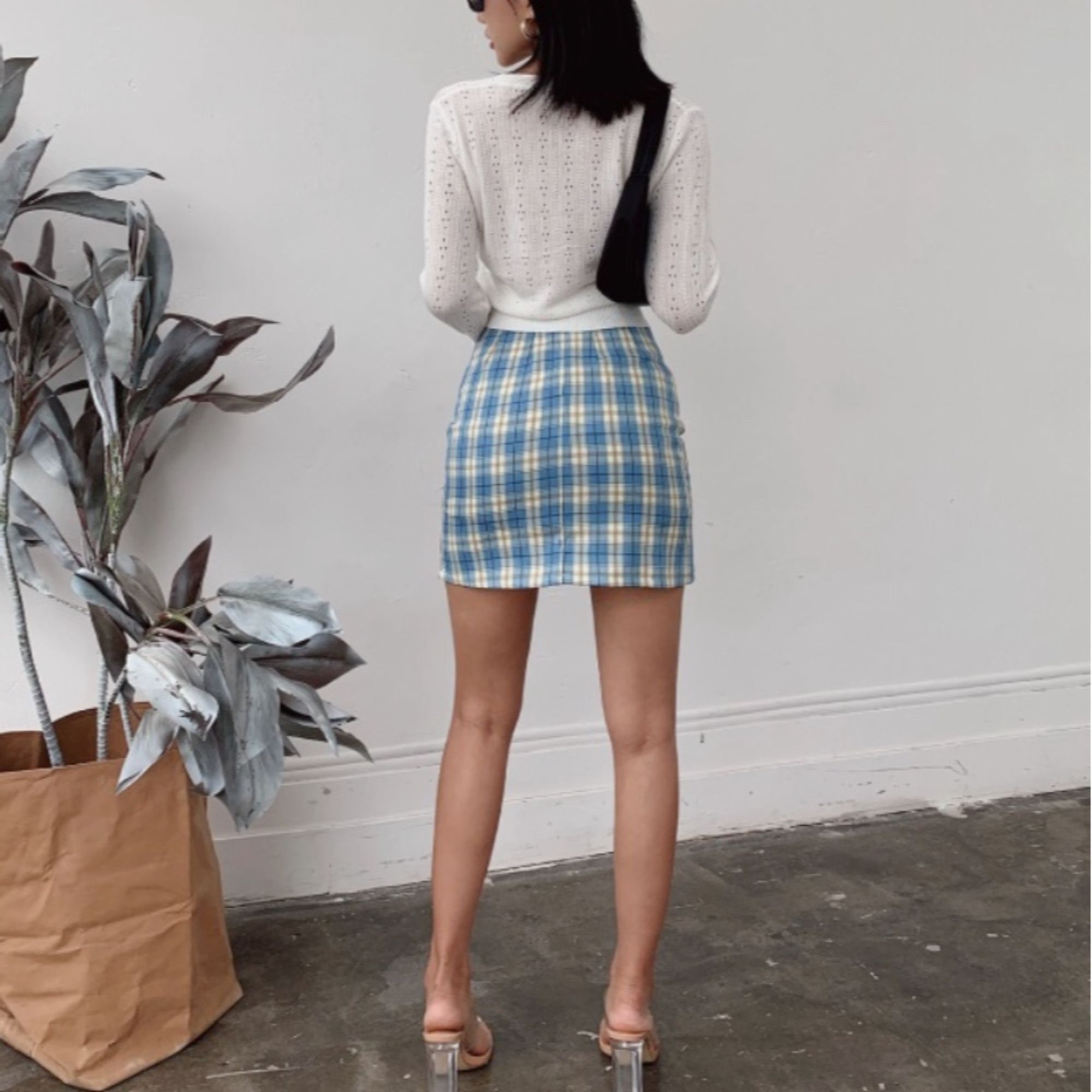 Plaid Slit Hem Mini Skirt in Green Blue Korean Fashion Y2K | Etsy UK