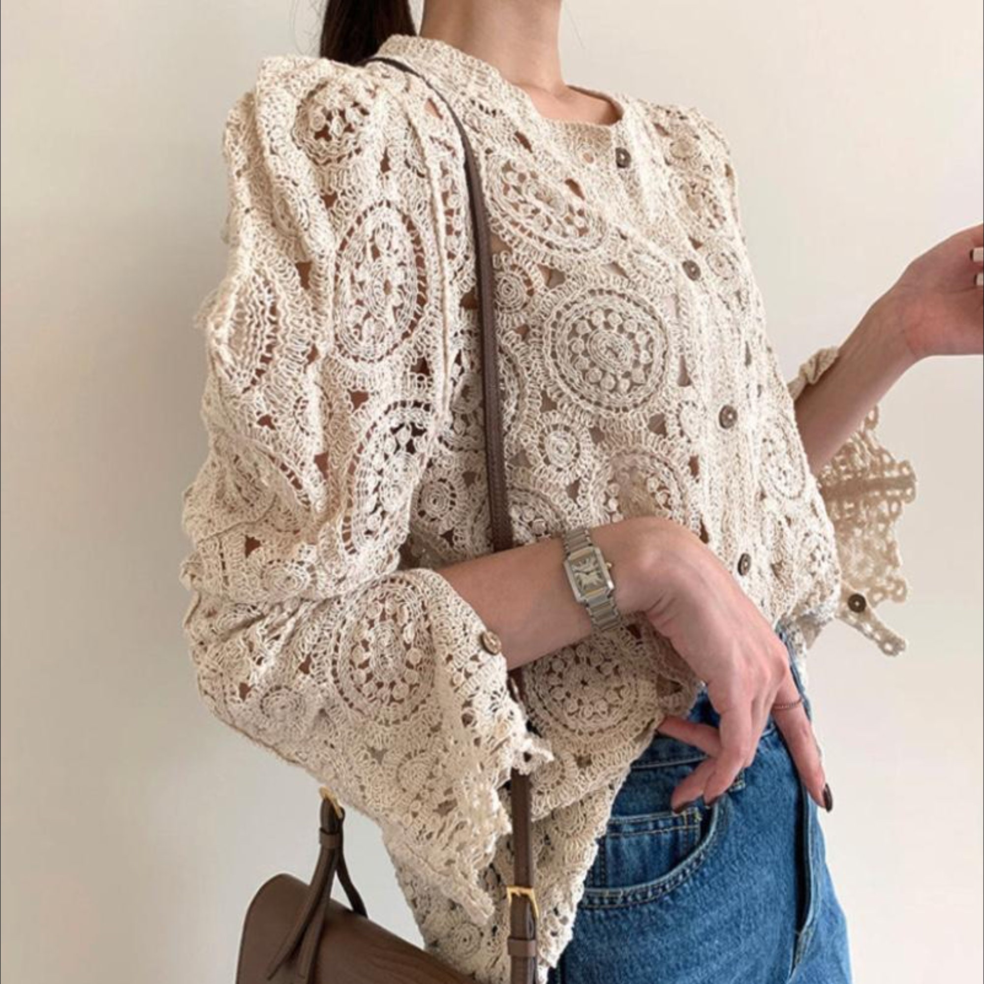 Crochet Puff Sleeve Cardigan Top in White Beige Korean | Etsy