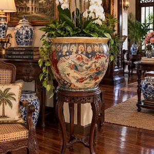 Vintage Chinoiserie Jardinière, stor keramisk plantering i Satsuma-stil, tillverkad i Kina