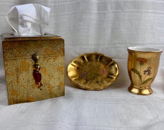 Vintage Croscill Home Fashions Gold Gilt Tissue Box Soap Dish Toothbrush Holder
