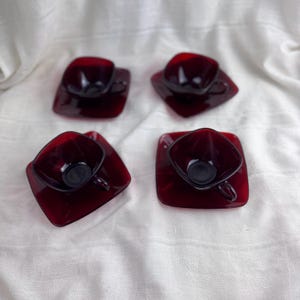 Vintage Fire King Anchor Hocking Ruby Red Glass Square Cups & Saucers (set of 4)