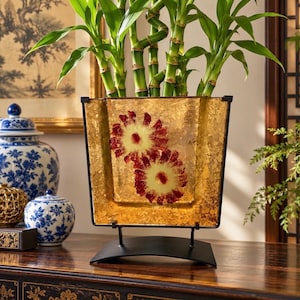 Vintage Asian Inspired Gold Red Glass Lucky Bamboo Vase Black Metal Stand