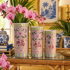 Juego de 3 botes para pinceles de porcelana china vintage Famille Rose Fu Lu Shou, porcelana de Hong Kong, decoración estilo chinoiserie, marcas de estilo Qianlong.