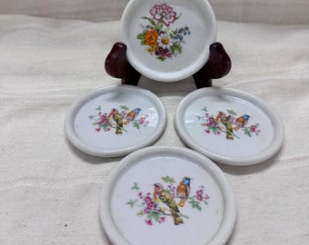 Vintage Interpur Porcelain Coasters Brass Holder Set of 4 Bird Plates 3.5 inch