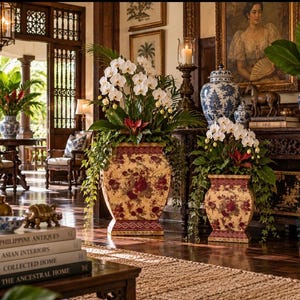 May include: Two square planters with a cream and red floral pattern hold white orchid arrangements and trailing green ivy. The planters feature a wide base and a tapered neck, positioned on a dark wooden floor in a room with antique decor.