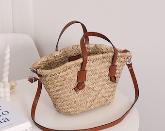 Handwoven Moroccan Straw Basket Bag, French Style Beach Bag, Synthetic Leather Handles