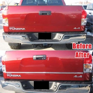 May include: Before and after photos of a red Toyota Tundra pickup truck. The truck has a chrome trim added to the tailgate in the after photo.