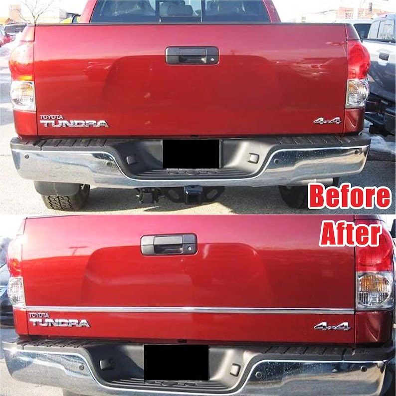May include: Before and after photos of a red Toyota Tundra pickup truck. The truck has a chrome trim added to the tailgate in the after photo.