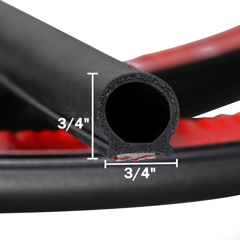 May include: Black rubber weather stripping with adhesive backing. The stripping is 3/4 inch wide and 3/4 inch thick.