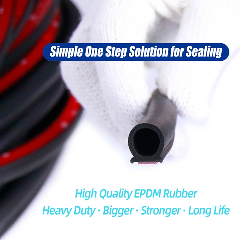 May include: Close-up of black rubber weather stripping with a red adhesive backing. The text "Simple One Step Solution for Sealing" and "High Quality EPDM Rubber Heavy Duty Bigger Stronger Long Life" is visible in the image.