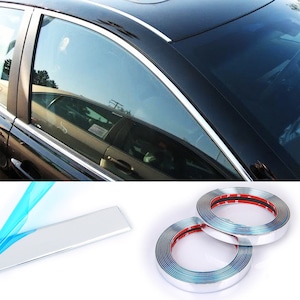 May include: Chrome car window trim and a roll of chrome trim tape with red adhesive backing. The trim is designed to enhance the appearance of a vehicle's windows and body.