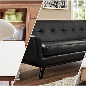 May include: A composite image showcasing furniture. It includes a white table, a white curved-back chair, a black leather sofa with button tufting, and a beige upholstered bed. The furniture is set against a neutral background.
