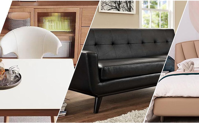 May include: A composite image showcasing furniture. It includes a white table, a white curved-back chair, a black leather sofa with button tufting, and a beige upholstered bed. The furniture is set against a neutral background.
