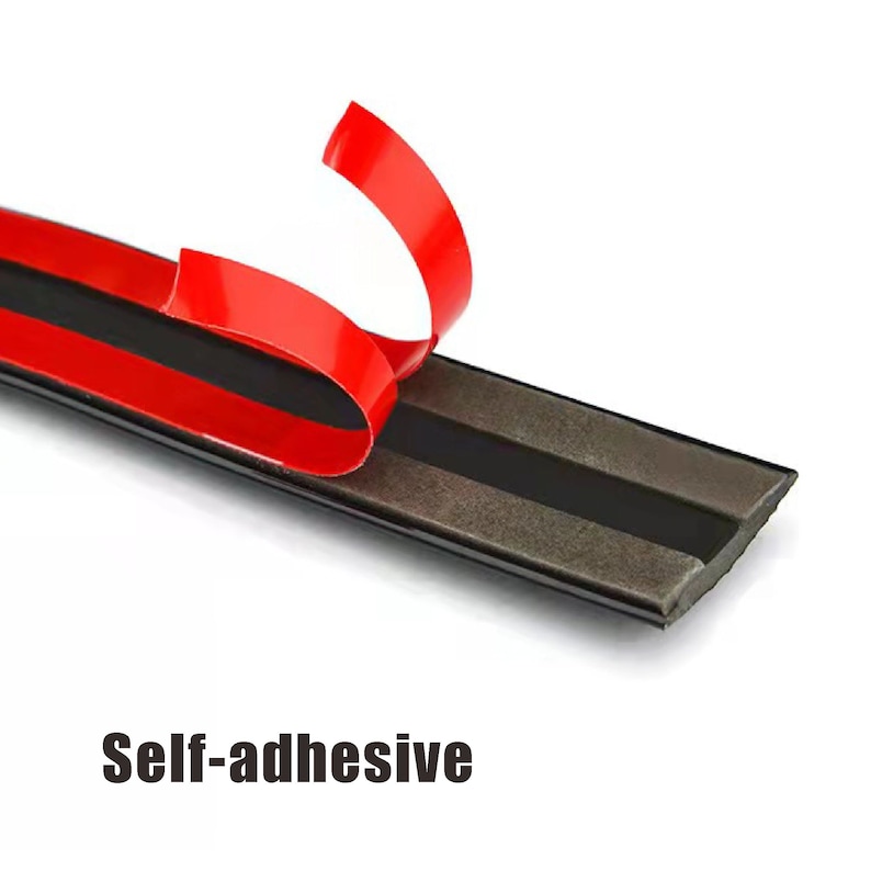 May include: Close-up of a black rubber strip with a red adhesive backing. The adhesive backing is partially peeled back to reveal the sticky surface. The text "Self-adhesive" is visible below the strip.