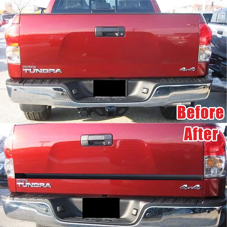 May include: Before and after photos of a red Toyota Tundra pickup truck. The truck has a black tailgate strip added in the after photo.