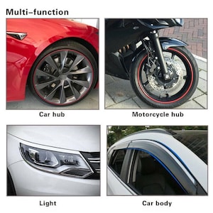 May include: An image showcasing automotive accessories. It features close-ups of a red car wheel with a red rim, a motorcycle wheel with a red rim, a car headlight, and a car body with a window visor. The text "Multi-function" is at the top.