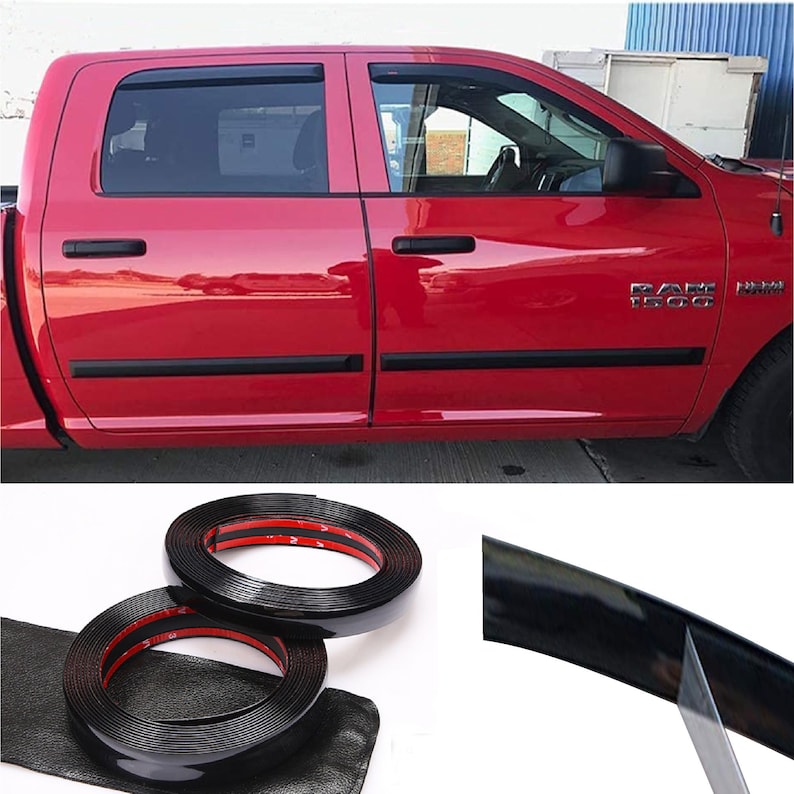 May include: Black door edge guard trim for a red pickup truck. The trim is made of flexible rubber and has a sticky adhesive backing. The trim is shown in a close-up image and also installed on the truck.