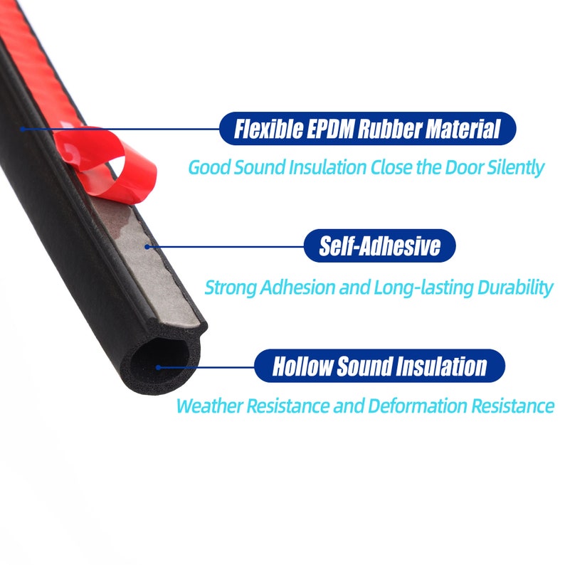 May include: Black rubber weather stripping with a self-adhesive backing. The stripping is designed to reduce noise and weatherproof doors and windows. It features a hollow core for sound insulation and is made of flexible EPDM rubber.