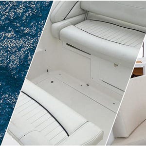 May include: A composite image showcasing a white motorboat speeding across blue water, alongside interior shots. The interior features white seating with black trim and a clean, modern design. The boat's design emphasizes luxury and speed.