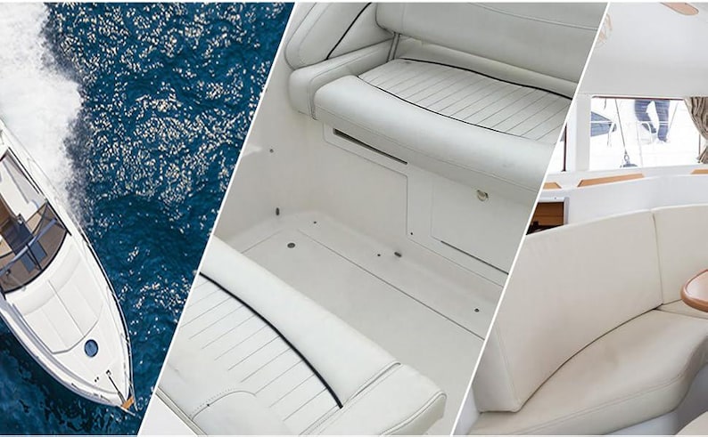 May include: A composite image showcasing a white motorboat speeding across blue water, alongside interior shots. The interior features white seating with black trim and a clean, modern design. The boat's design emphasizes luxury and speed.