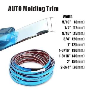 May include: A roll of blue and silver automotive molding trim with a silver backing. The trim is available in various widths, including 5/16 inch, 1/2 inch, 9/16 inch, 3/4 inch, 1 inch, 1-3/16 inch, 1-9/16 inch, 2 inches, and 2-3/4 inches.