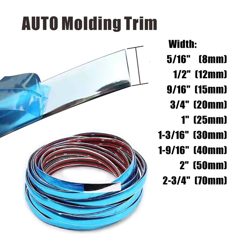 May include: A roll of blue and silver automotive molding trim with a silver backing. The trim is available in various widths, including 5/16 inch, 1/2 inch, 9/16 inch, 3/4 inch, 1 inch, 1-3/16 inch, 1-9/16 inch, 2 inches, and 2-3/4 inches.