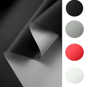May include: Black leather material with a gray backing, partially rolled to reveal the underside. Four color swatches in black, gray, red, and white are shown on the right, demonstrating the material's color options.