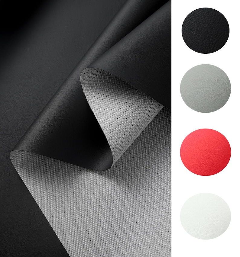 May include: Black leather material with a gray backing, partially rolled to reveal the underside. Four color swatches in black, gray, red, and white are shown on the right, demonstrating the material's color options.