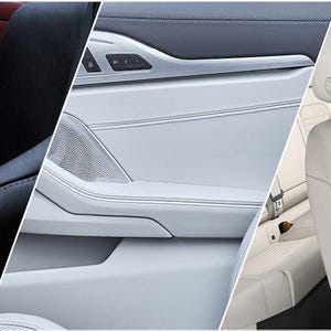 May include: A collage of car interior details. The image shows black leather seats with red stitching, a white door panel with a speaker and silver accents, and white leather seats with headrests.