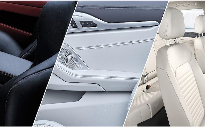 May include: A collage of car interior details. The image shows black leather seats with red stitching, a white door panel with a speaker and silver accents, and white leather seats with headrests.