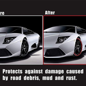 May include: A before-and-after image of a silver sports car. The "Before" image shows the car with black wheels, while the "After" image shows the car with red accents on the wheels. Text at the bottom reads: "Protects against damage caused by road debris, mud and rust."