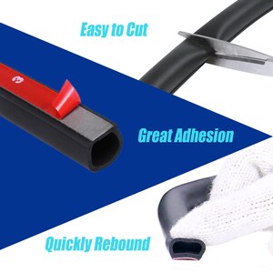 May include: Black rubber weather stripping with adhesive backing. The stripping is easy to cut and has great adhesion. The text "Easy to Cut", "Great Adhesion", and "Quickly Rebound" is visible in the image.