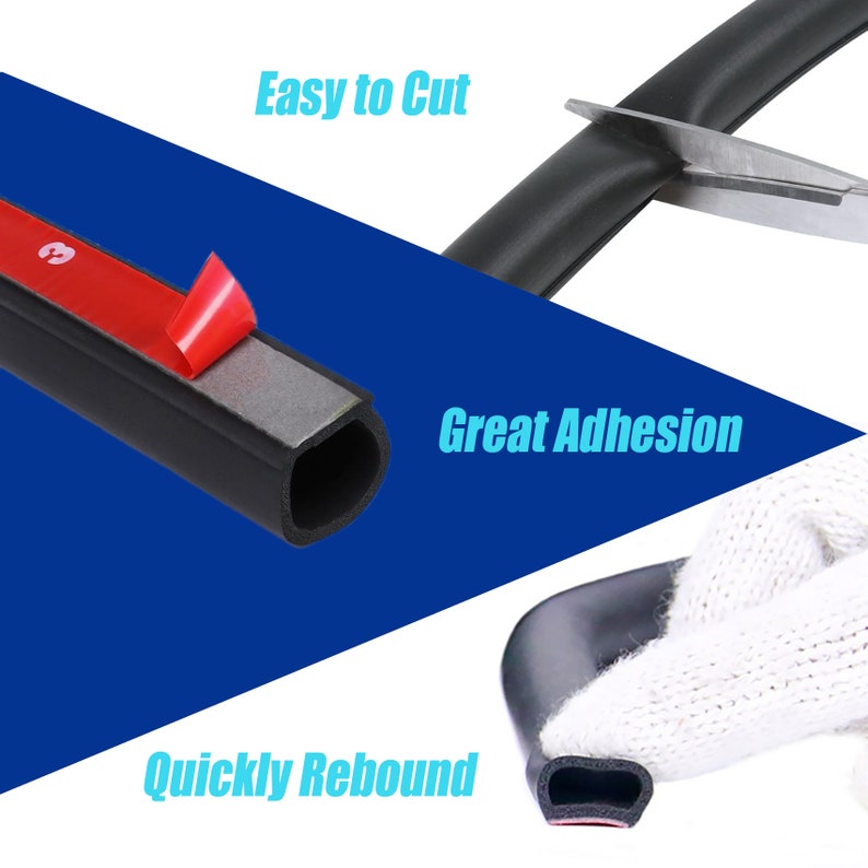 May include: Black rubber weather stripping with adhesive backing. The stripping is easy to cut and has great adhesion. The text "Easy to Cut", "Great Adhesion", and "Quickly Rebound" is visible in the image.
