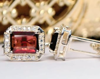 Gemelos de granate natural y circonita cúbica / Regalo de boda para hombre en plata de ley 925 / Accesorios de lujo con piedras preciosas rojas para hombre