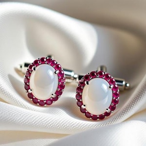 Boutons de manchette en pierre de lune naturelle et rubis en argent sterling 925 | Boutons de manchette pour hommes faits main avec pierres précieuses | Cadeau pour marié | Bijoux de cérémonie de luxe