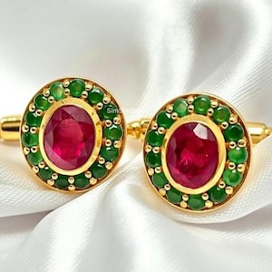 Natural Ruby & Emerald Gold Plated Cufflinks | 925 Sterling Silver Luxury Mens Gemstone Cufflinks | Groom Wedding Fine Jewelry