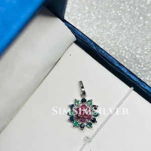 Sterling Silver Gemstone Pendant: Ruby, Emerald & Sapphire Floral Charm