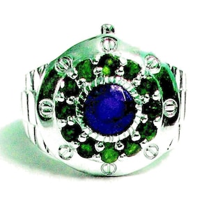 Sterling Silver Blue Sapphire & Emerald Ring: Natural Gemstone Statement Ring