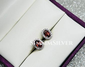Natural Garnet Zircon Stud Earrings 925 Sterling Silver, Tiny Red Gemstone Earrings, Minimalist Garnet Studs, Women Jewelry Gift