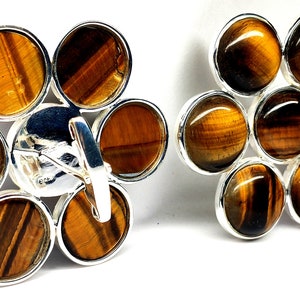 Tiger Eye Cufflinks For Men | Floral Design in 925 Sterling Silver | Handmade Men&#39;s Jewelry Gift For Him, Dad, Groom, Husbands