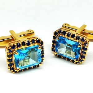 Blue Topaz Sapphire Cufflinks: Gold Plated Sterling Silver