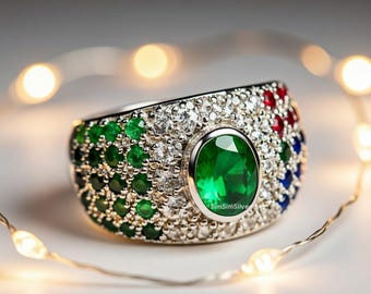 Natuurlijke smaragdgroene saffierring, 925 sterlingzilveren ring, ring met meerdere stenen, geboortesteenring, statementring, cadeau voor haar