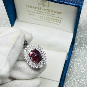 Sterling Silver Garnet Pendant Necklace: Red Gemstone Halo CZ