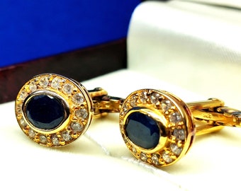 Precious Blue Sapphire & Cz Gold Plated Cufflinks Gift Set in 925 Sterling Silver for Grooms Wedding Anniversary Birthday Engagement gift