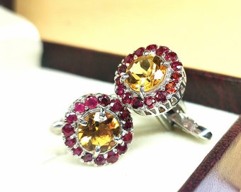 Classic Natural Citrine & Ruby Cufflinks in 925 Sterling Silver for Christmas Anniversary Wedding Thanksgiving Holiday Groomsmen Giftset