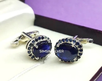 Precious Blue Sapphire Groomsmen Gift Set Cufflinks in 925 Sterling Silver for Grooms Wedding Anniversary Birthday Christmas Presents